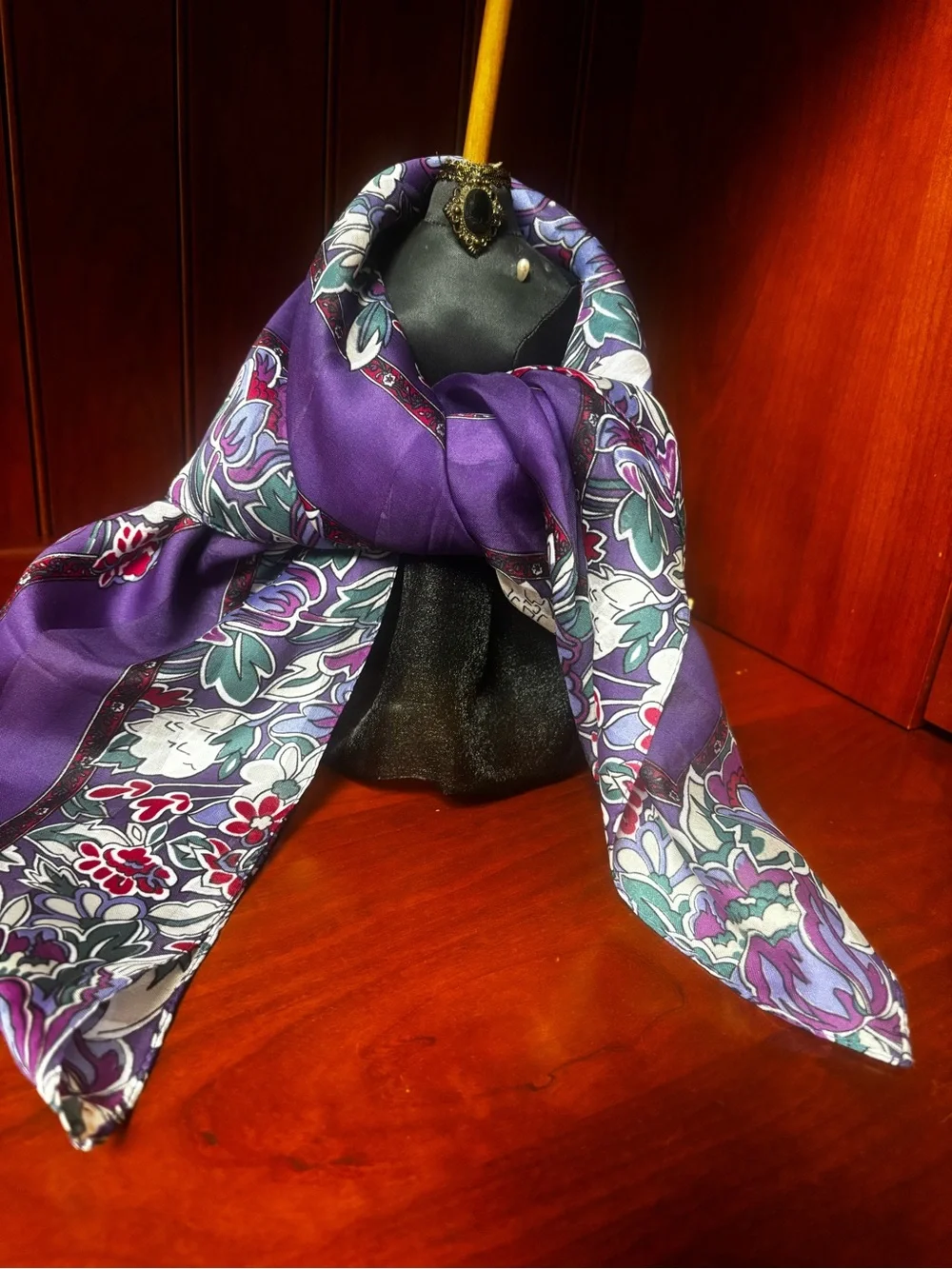Vintage Floral Print Silk Scarf Blue Purple Pink Multi-Color
